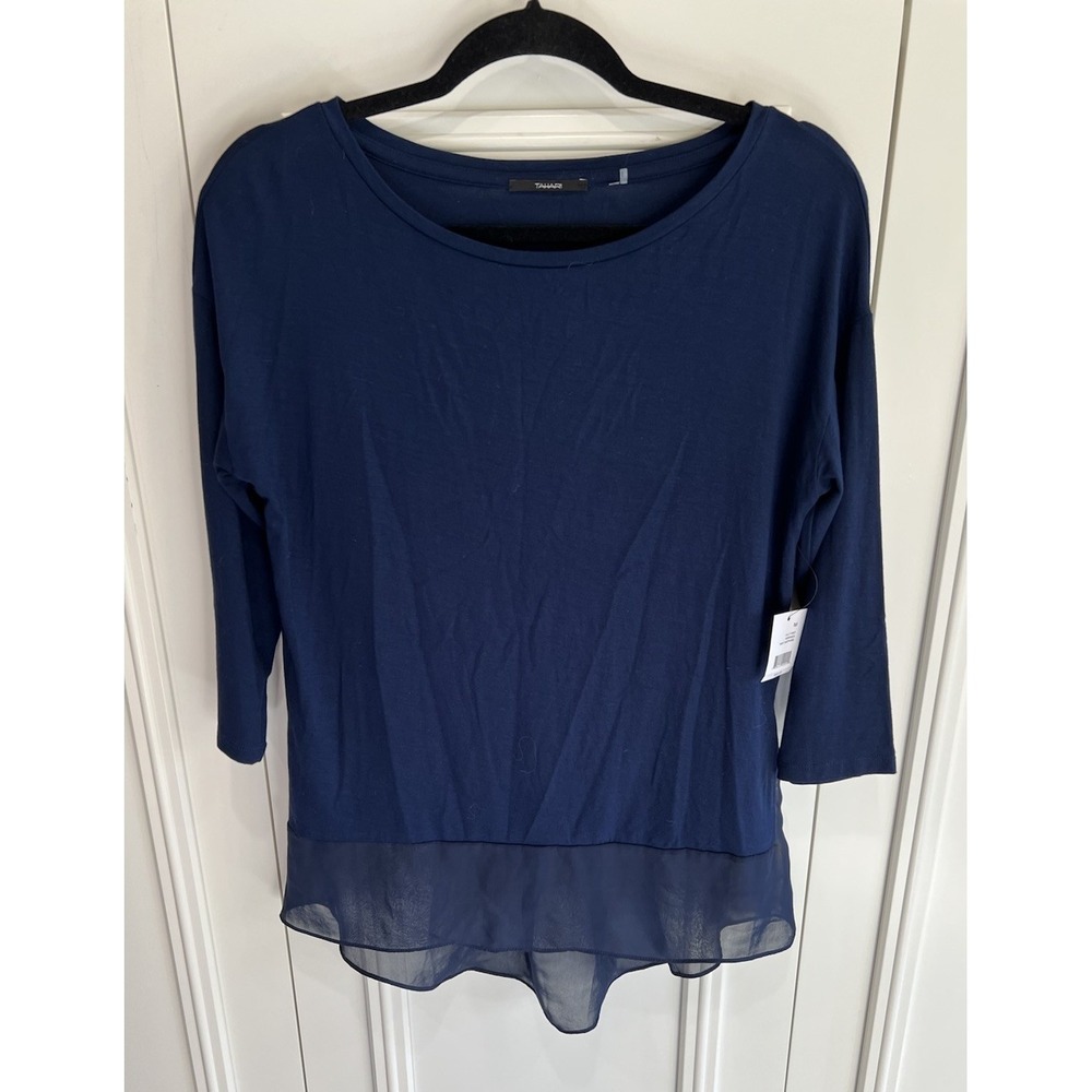 Tahari‎ Navy Jersey Knit Tunic Top Chiffon Hem High Low Minimalist Designer